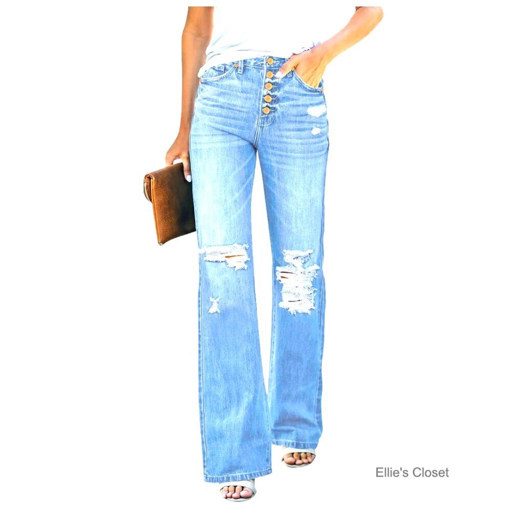High Waisted Ripped Flare Jeans Distressed Bell Bottom Wide Leg Pants